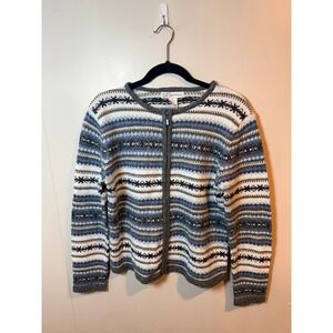 Grey and White Striped Zip-Front Women's Sweater